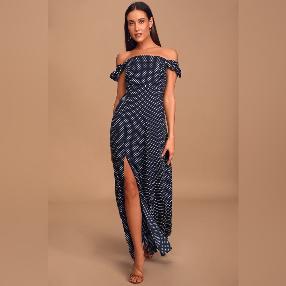 LULUS, Dream Love Navy Blue Polka Dot Off-the-Shoulder Maxi Dress